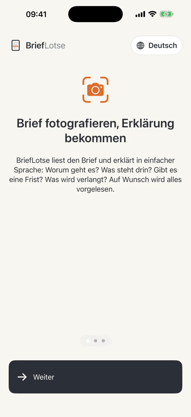 Einführungsbildschirm: Brief fotografieren, Erklärung bekommen