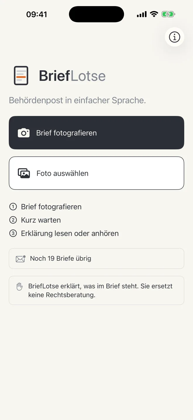 Startbildschirm von BriefLotse mit den Knöpfen „Brief fotografieren“ und „Foto auswählen“