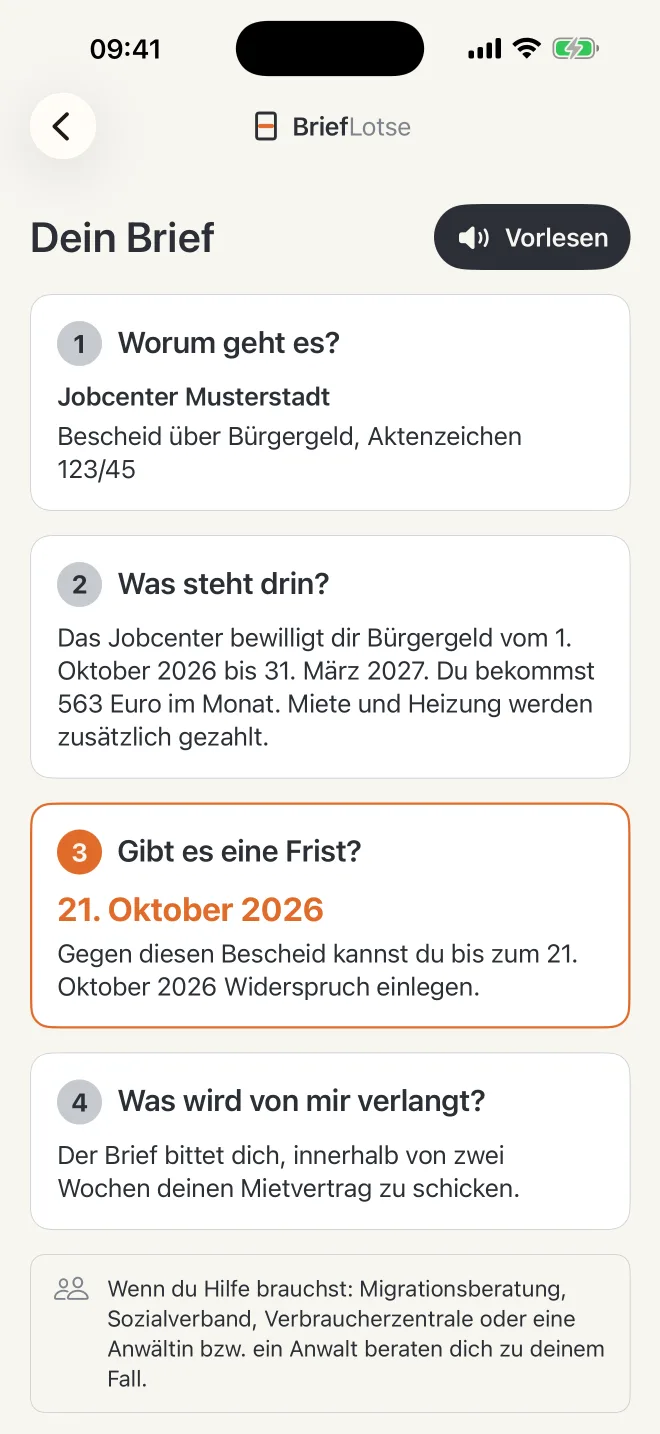 Erklärung eines Jobcenter-Bescheids in vier Abschnitten, die Frist 21. Oktober 2026 ist orange hervorgehoben