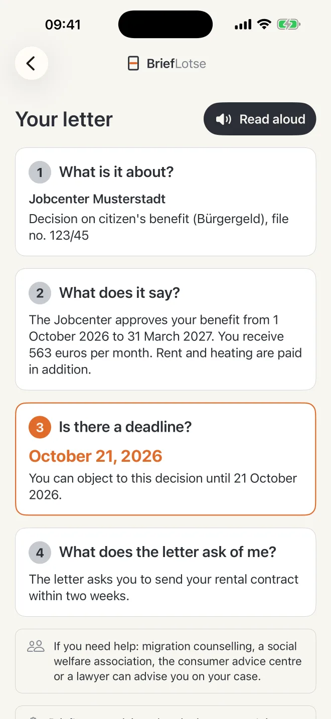 Explanation of a Jobcenter decision in four sections, the deadline 21 October 2026 highlighted in orange